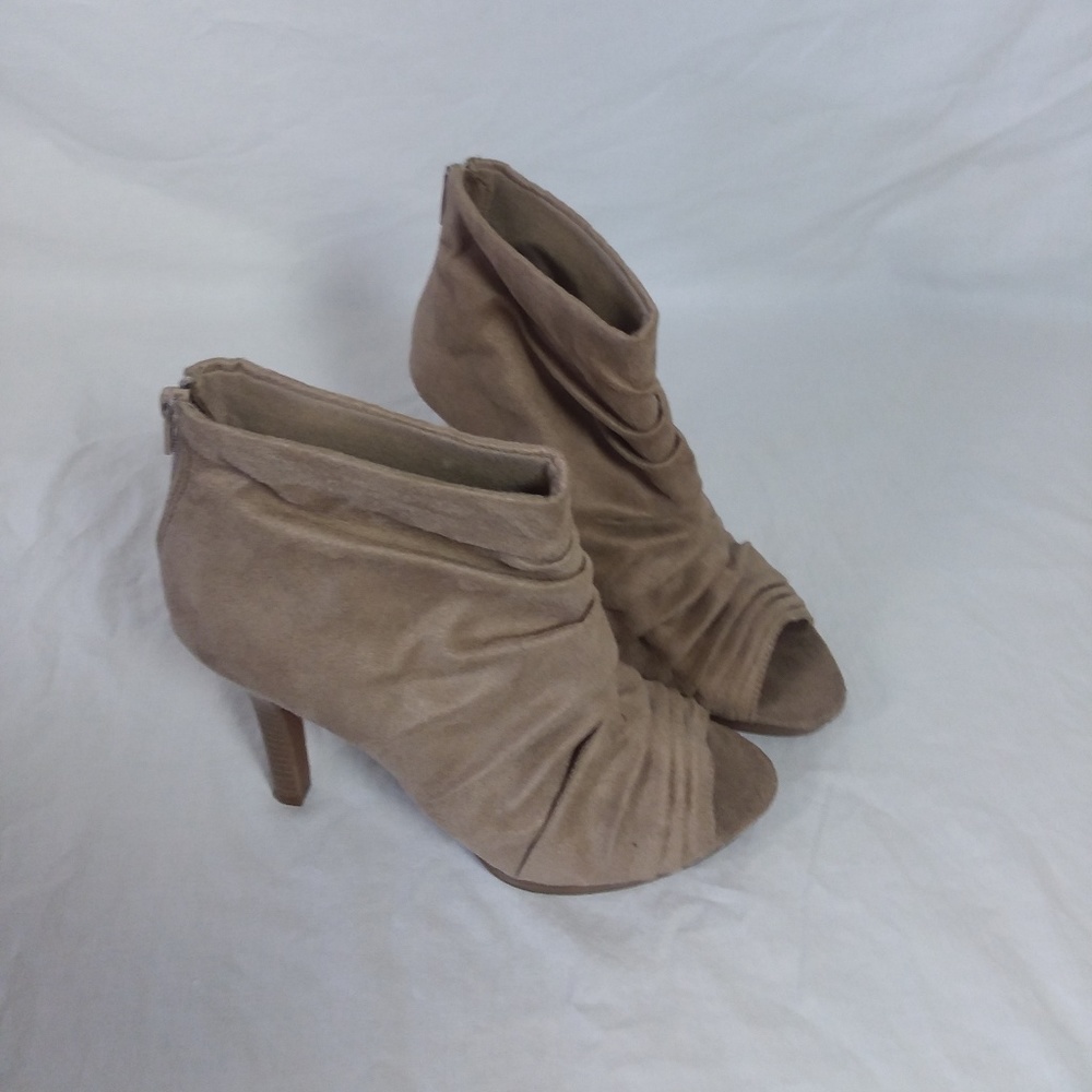 Beige open toe bootie heels